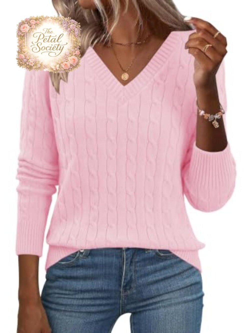 Women's Cable Knit V Neck Slim Fit Sweater Pullover